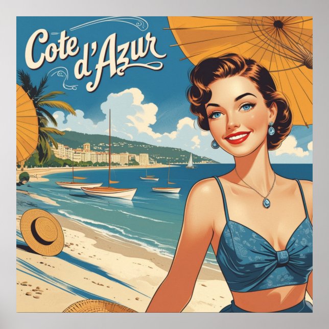 Poster Style vintage Côte d'Azur Beach Girl (Devant)