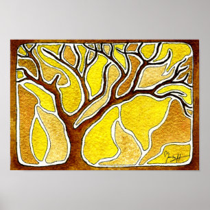 Poster Stylet aquarelle et arbre d'encre - Or jaune