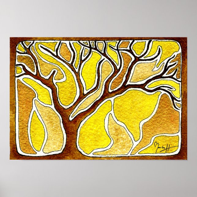 Poster Stylet aquarelle et arbre d'encre - Or jaune (Devant)