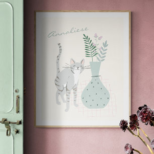 Poster Stylish Gris Chat Turquoise Floral Illustration pe