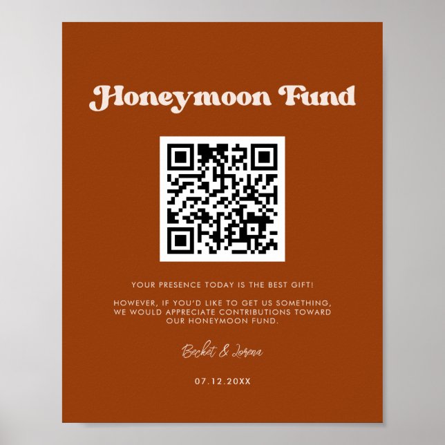 Poster Stylish retro Burnt Orange Honeymoon fund Code QR (Devant)