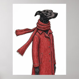 Poster Stylized Greyhound Drawing with Red Vintage Coat