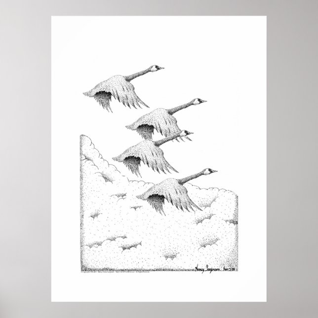 Poster Stylo à oies du Canada volantes et dessin à l'encr (Devant)