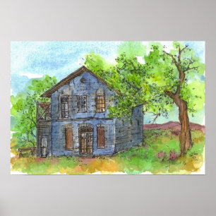 Poster Stylo Old Blue House et dessin d'encre aquarelle