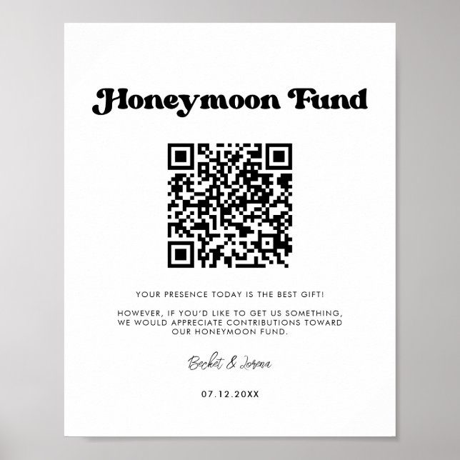 Poster Stylo retro noir & blanc Honeymoon fund Code QR (Devant)
