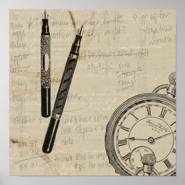 Poster Stylos de fontaine et Watchface avec des notes (Devant)