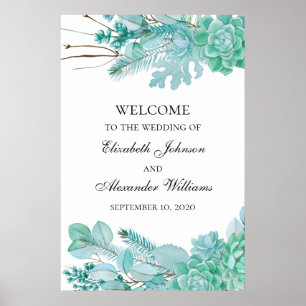 Poster Succulents signe de bienvenue. Mariage à la menthe