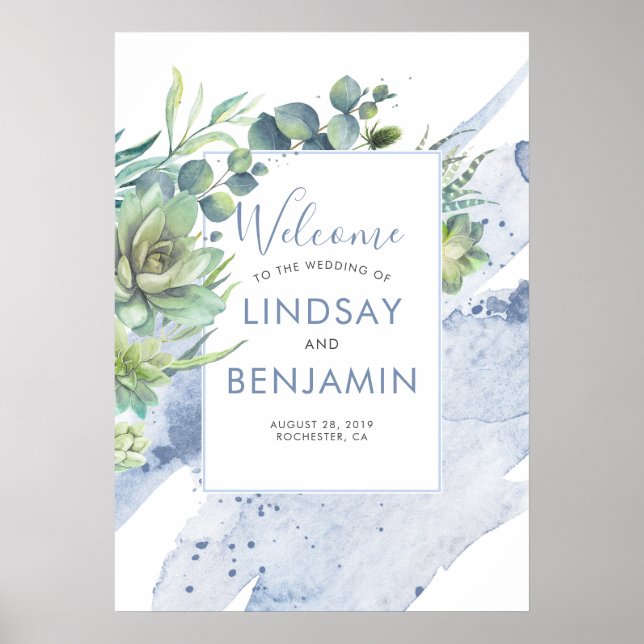 Poster Succulents Verdure Dusty Blue Mariage (Devant)