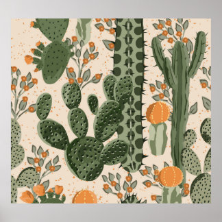 Poster Succulents verts, fleurs oranges, papier peint de