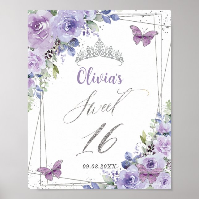 Poster Sucré 16 Papillons Lilac Floral Argent Lilac (Devant)