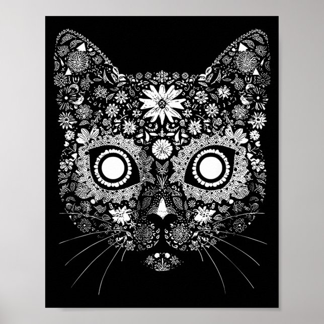 Poster Sugar Cat Skull Flower Artistic Design  (Devant)