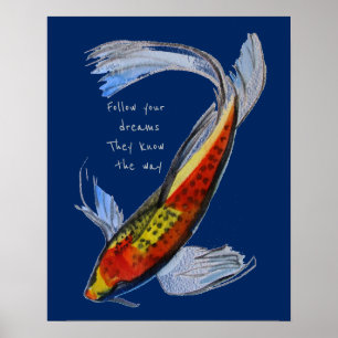 Poster Suivez vos rêves citation Orange Koi Japonais pois