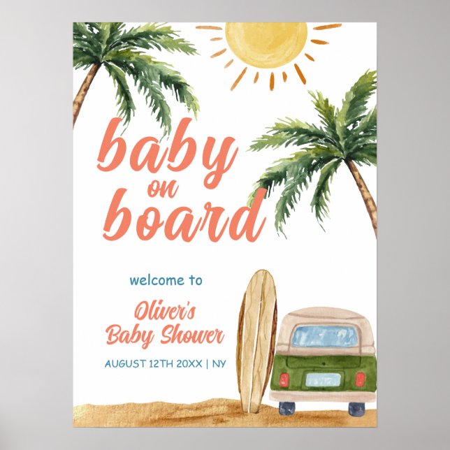 Poster Summer Boho Surf Beach Van Baby shower Bienvenue (Devant)