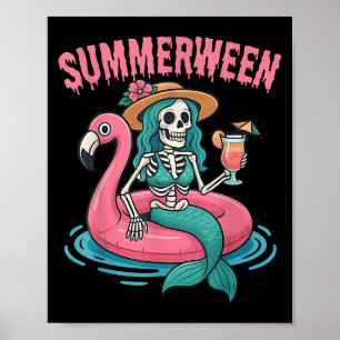 Poster Summerween Mermaid Skeleton Beach Flamant rose Hal