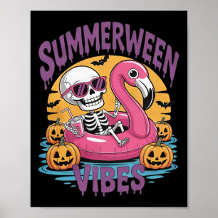 Poster Summerween Vibes Skeleton Flamant rose Hallowee Éf