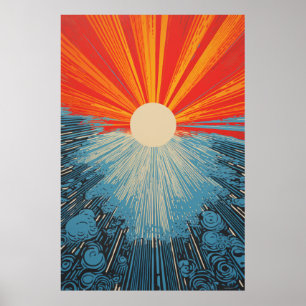 Poster Sun Closeup Water Mosaic - Linocut Imprimer l'affi