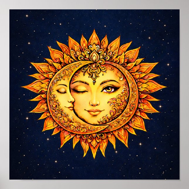Poster Sun Moon Boho Goddess | Celestial Face Mandala Art (Devant)