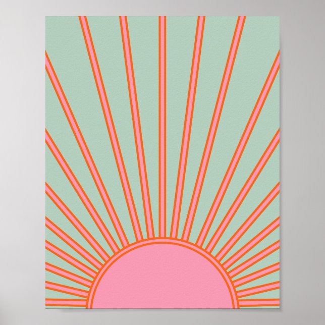 Poster Sun Sunrise Green And Pink Abstract Retro Sunshine (Devant)