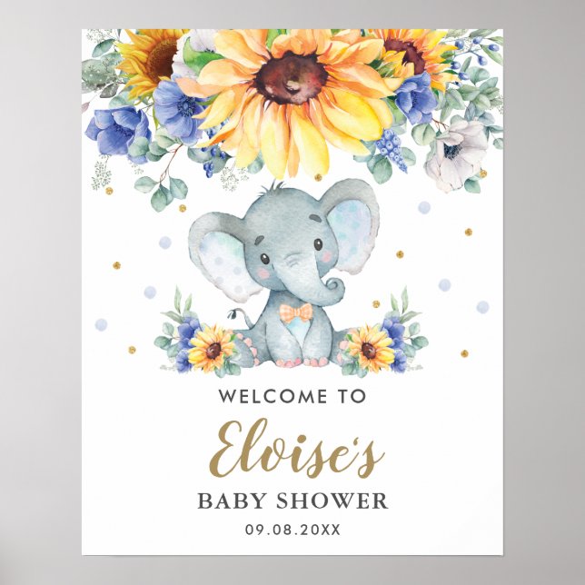 Poster Sunflower Blue Floral Elephant Baby shower Bienven (Devant)