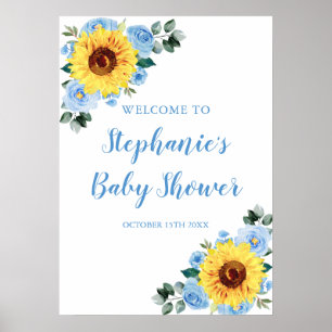 Poster Sunflower Dusty Blue Aquarelle Baby shower Floral