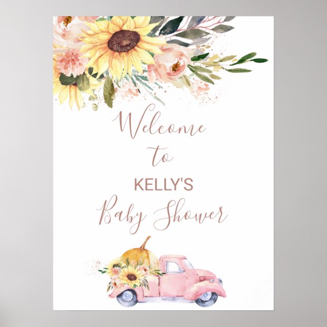Poster Sunflower Floral Citrouille Baby shower de camion  (Devant)