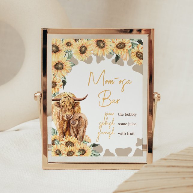 Poster Sunflower Highland Cow Baby shower Maman Osa Bar (Summer Holy Cow Baby Shower Mom Osa Bar Sign)
