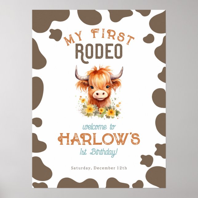 Poster Sunflower Highland Cow Mon premier rodéo 1er anniv (Devant)