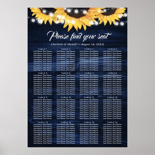 Poster Sunflower Navy Blue Wedding Seating Chart 16 (Devant)