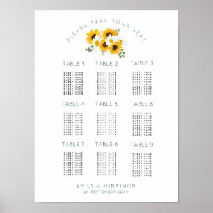 Poster Sunflowers 9 Tables 90 Guest Seating Chart