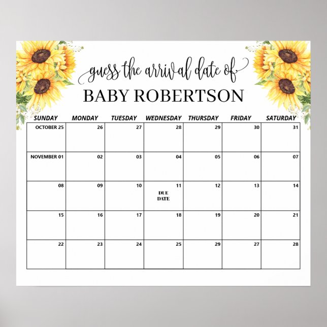 Poster Sunflowers Baby Shower Guess Due Date Calendar (Devant)