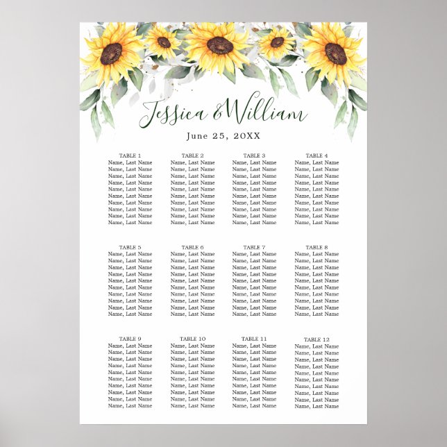 Poster Sunflowers Eucalyptus 12 Tables CADRE (Devant)