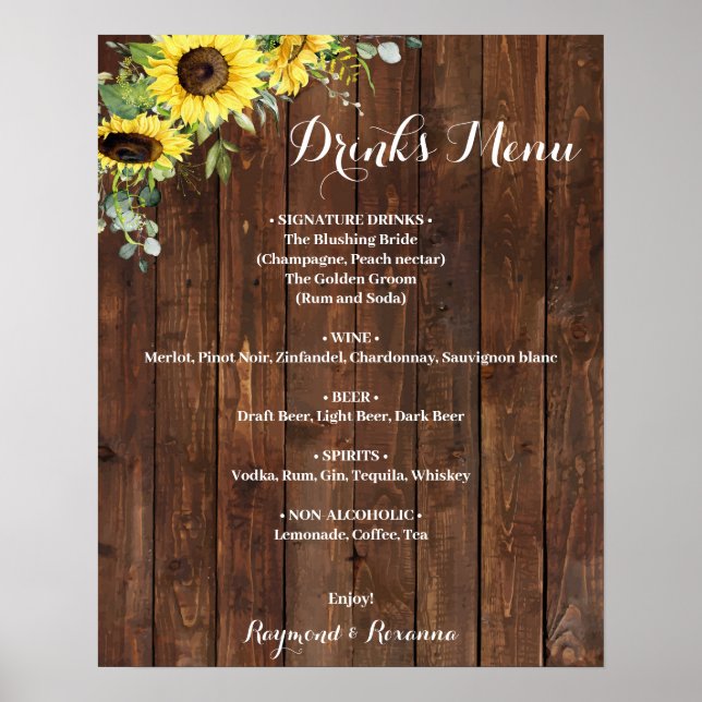 Poster Sunflowers Green Draves Menu Mariage Signal (Devant)