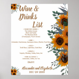 Poster Sunflowers Greenery Liste des boissons Mariage nup
