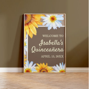 Poster Sunflowers White Daisy Burlap Quinceañera Bienvenu