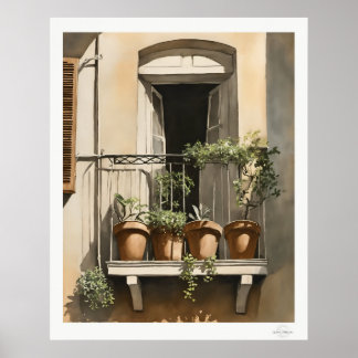 Poster Sunlit Balcony with Flowers Oil Painting Print
