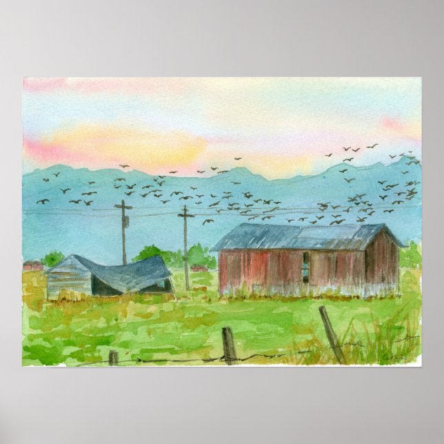 Poster Sunrise Birds Red Barn Aquarelle Paysage Art (Devant)