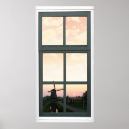 Poster Sunrise Landcape Windmill Faux Window Voir l'affic