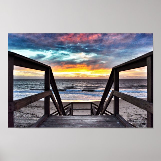 Poster Sunset Beach Vue de Rustic Wood Deck (Devant)