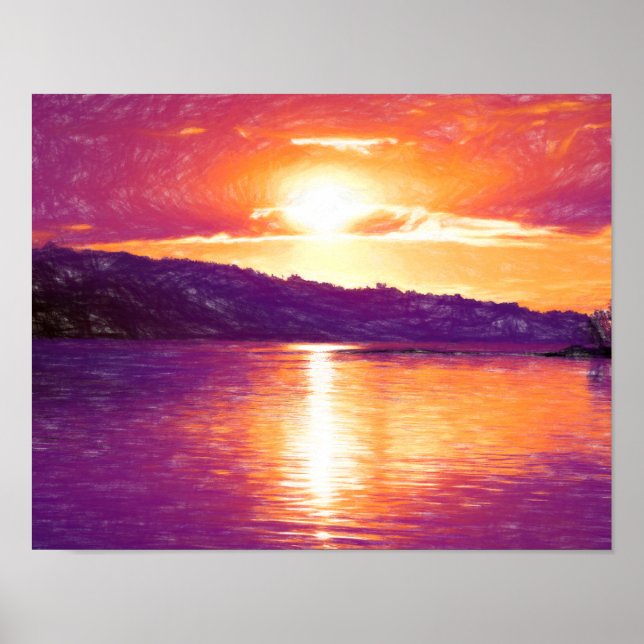 Poster Sunset Coastal Beach Orange Purple Art (Devant)