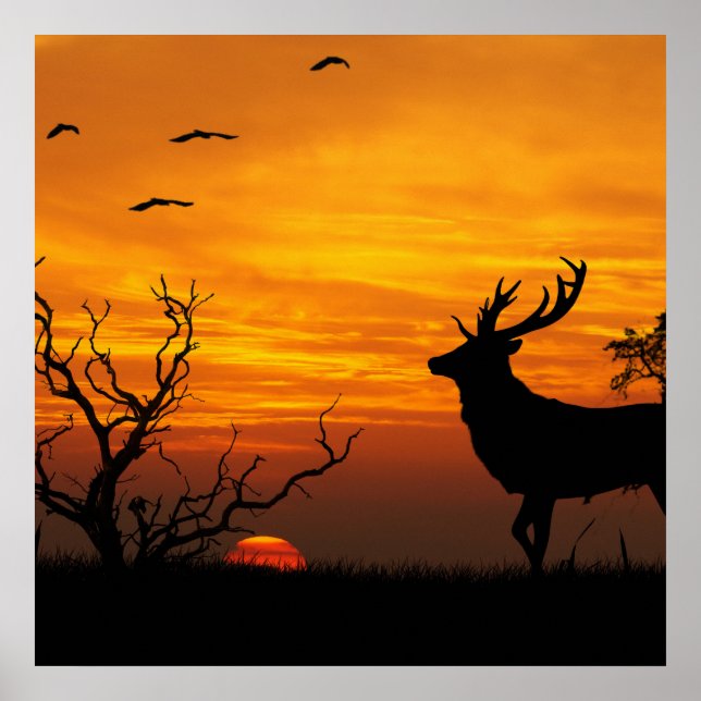 Poster Sunset Deer Silhouette (Devant)