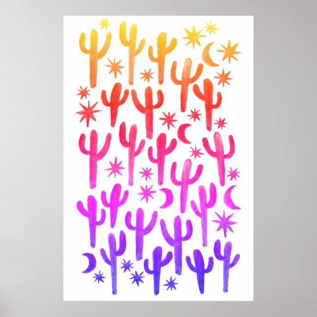 Poster Sunset Desert Fun Cactus Rose Motif Aquarelle (Devant)