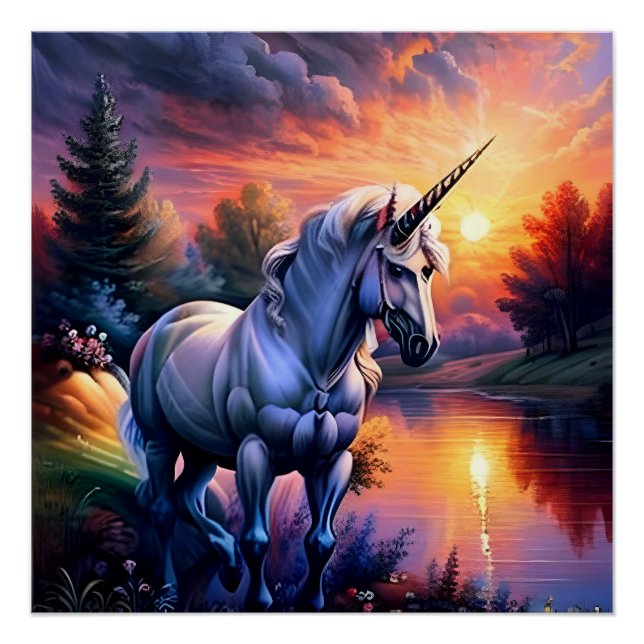 Poster Sunset Lake River Unicorn Seven (Devant)