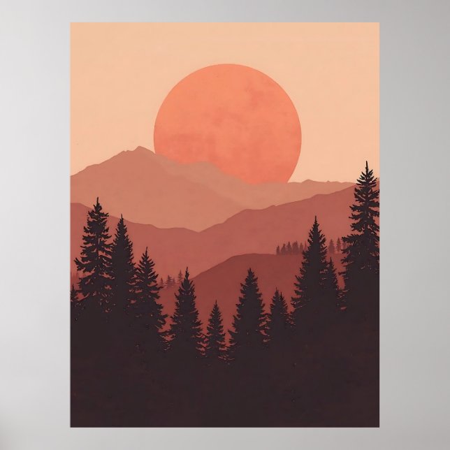 Poster Sunset Mountain Forest Nature Illustration (Devant)