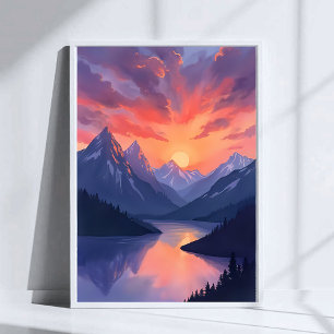 Poster Sunset Mountain Range   Paysage du lac Watercolor