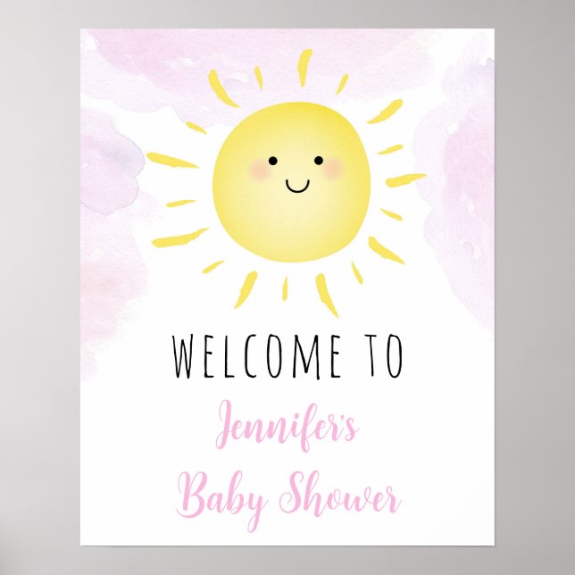 Poster Sunshine Nuages Rose Girl Baby shower Bienvenue (Devant)