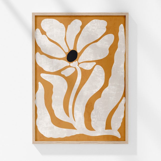 Poster Super Burnt Orange Beige Abstrait Flower Wall Art (Boho Burnt Orange Beige Abstract Flower Wall Art in a wooden frame on a sunny white wall.)
