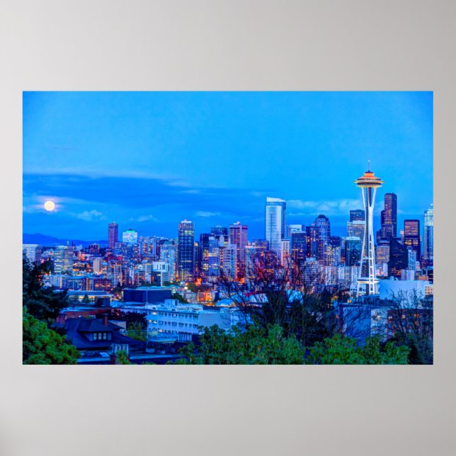 Poster Super Lune se levant près de la skyline de Seattle (Devant)