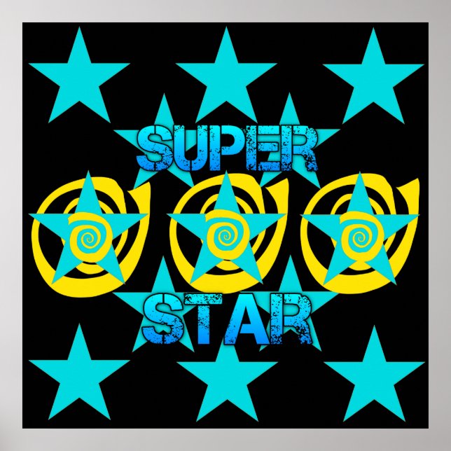 Poster Super Star Turquoise Yellow Swirls Stars Motif (Devant)