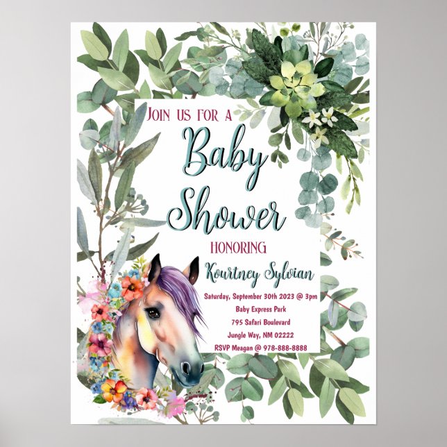 Poster Superbe aquarelle Floral Horse Baby shower (Devant)