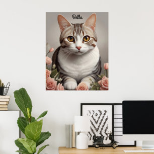 Poster Superbe chat américain à cheveux courts avec Rose 